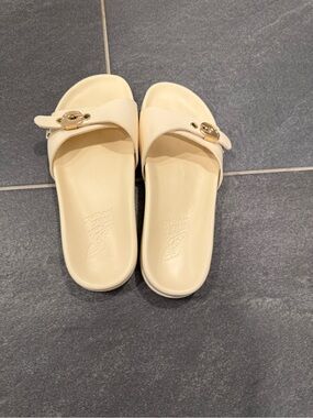 Ancient Greek Sandals Cream Slide Sandals with Gold Buckle